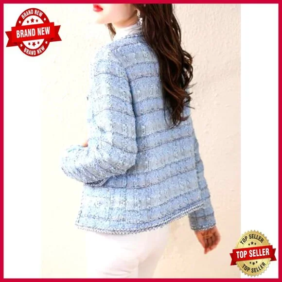 Slim Fit Tweed Blazer Open Front V-Neck Collarless Business Casual Jacket